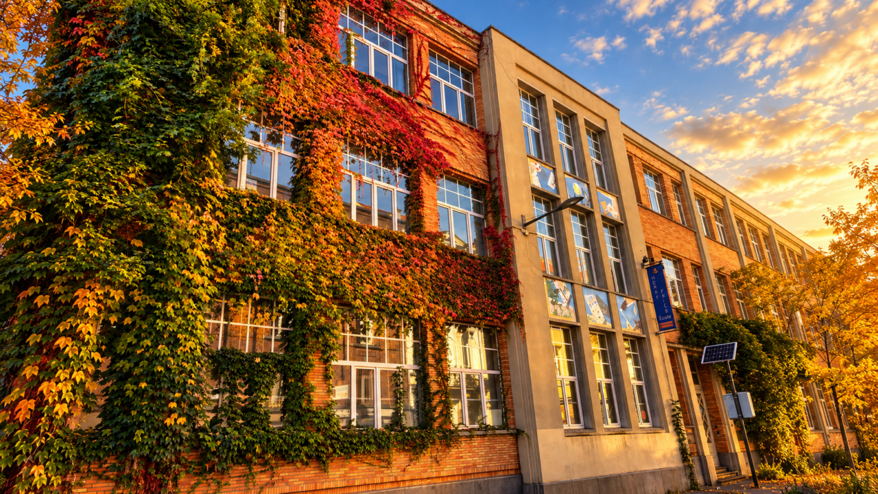 La façade de l'école Henri Frick en automne