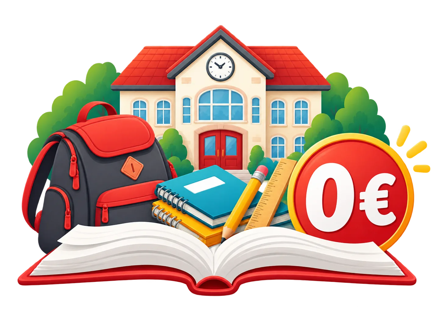 L'école ouverte avec un cartable, des cahiers et un badge 0 euro