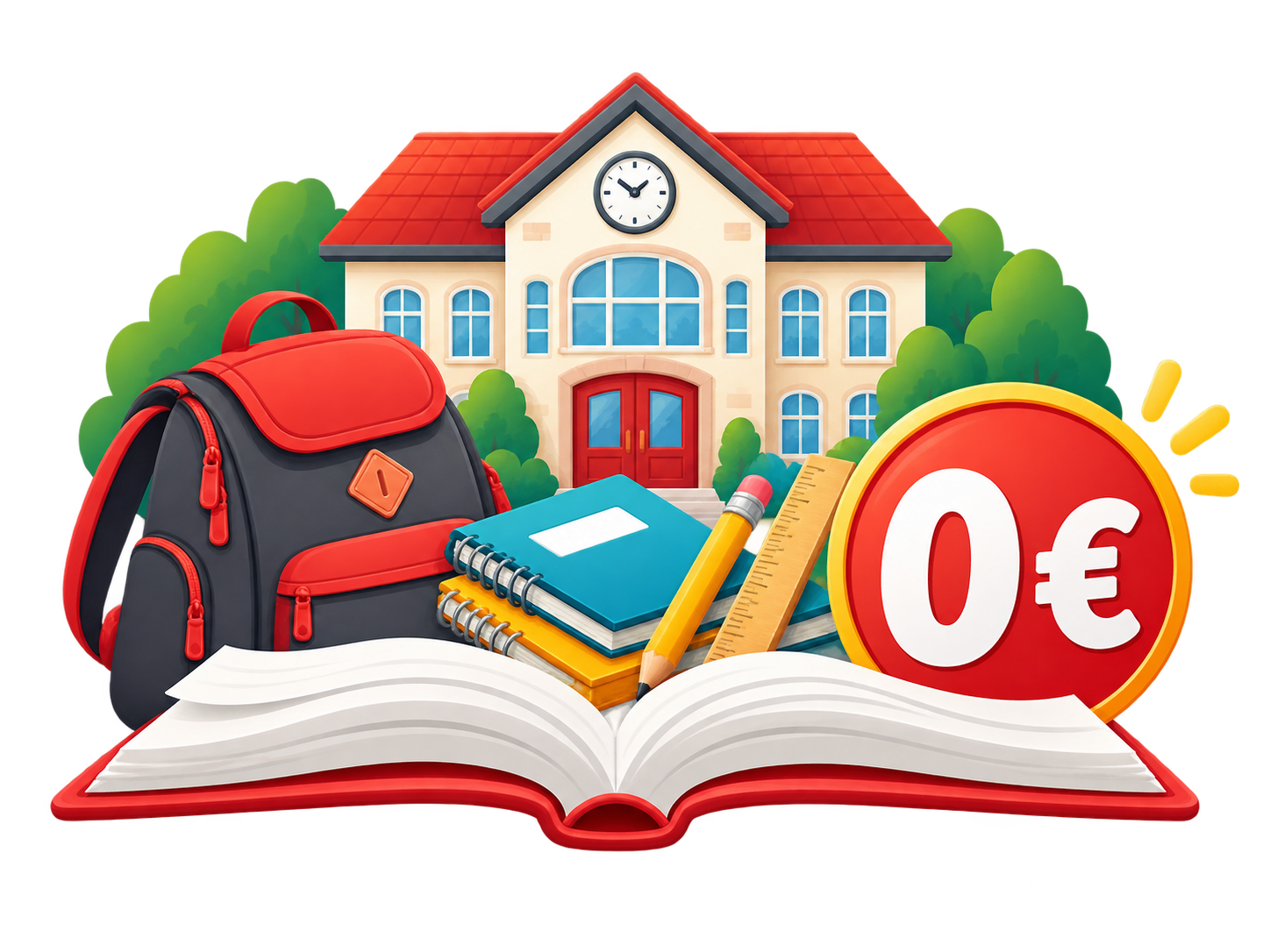 L'école ouverte avec un cartable, des cahiers et un badge 0 euro